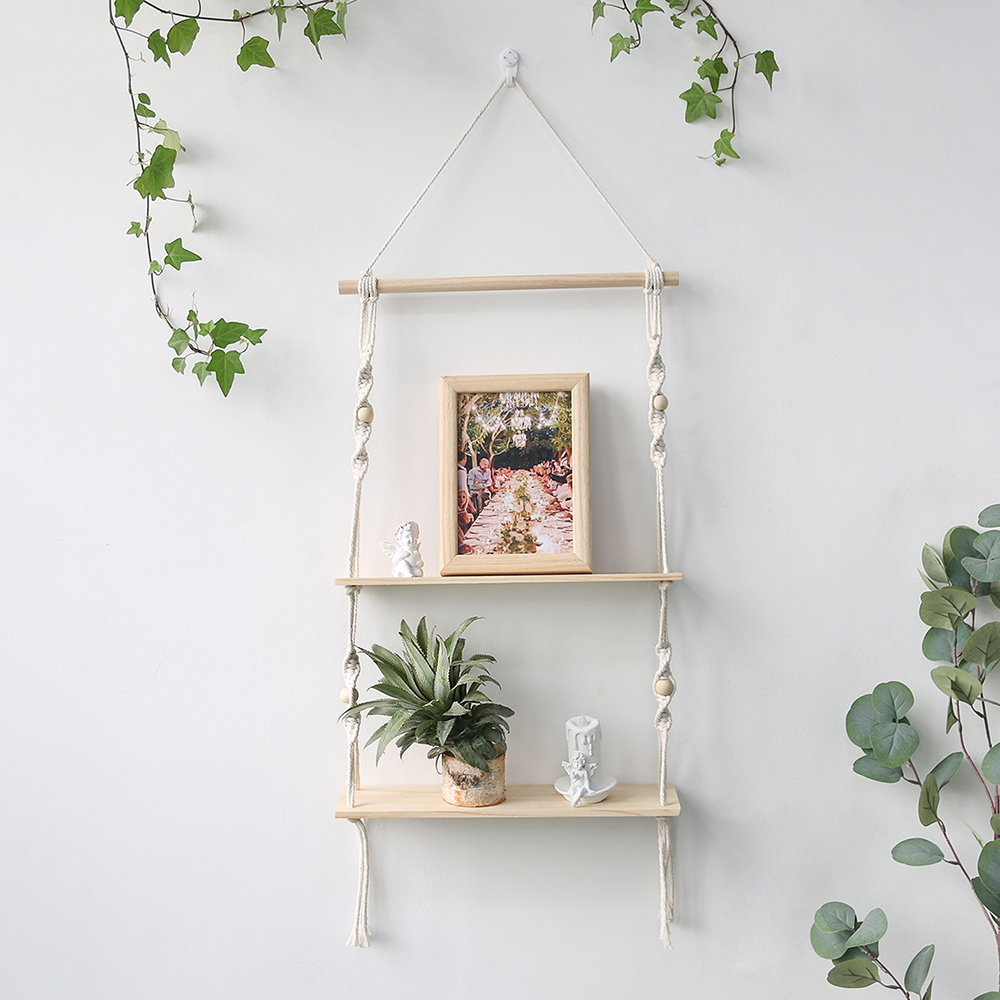 Home Decor Modern Organic - Double Layer Macrame Hanging Shelves Floating