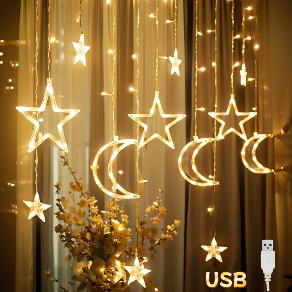 Hanging Moon Lamp - USB-Powered LED Star Moon Curtain String