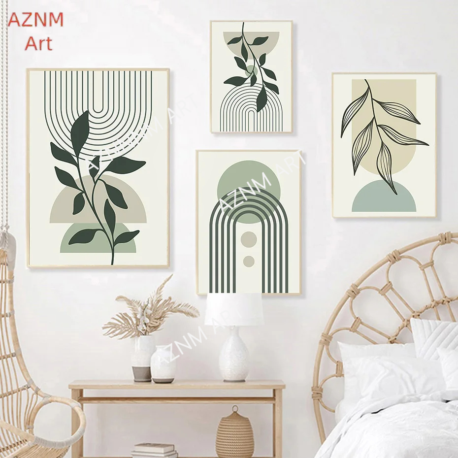 Home Decor Green - Sage Green Leaf Geometry Line Canvas