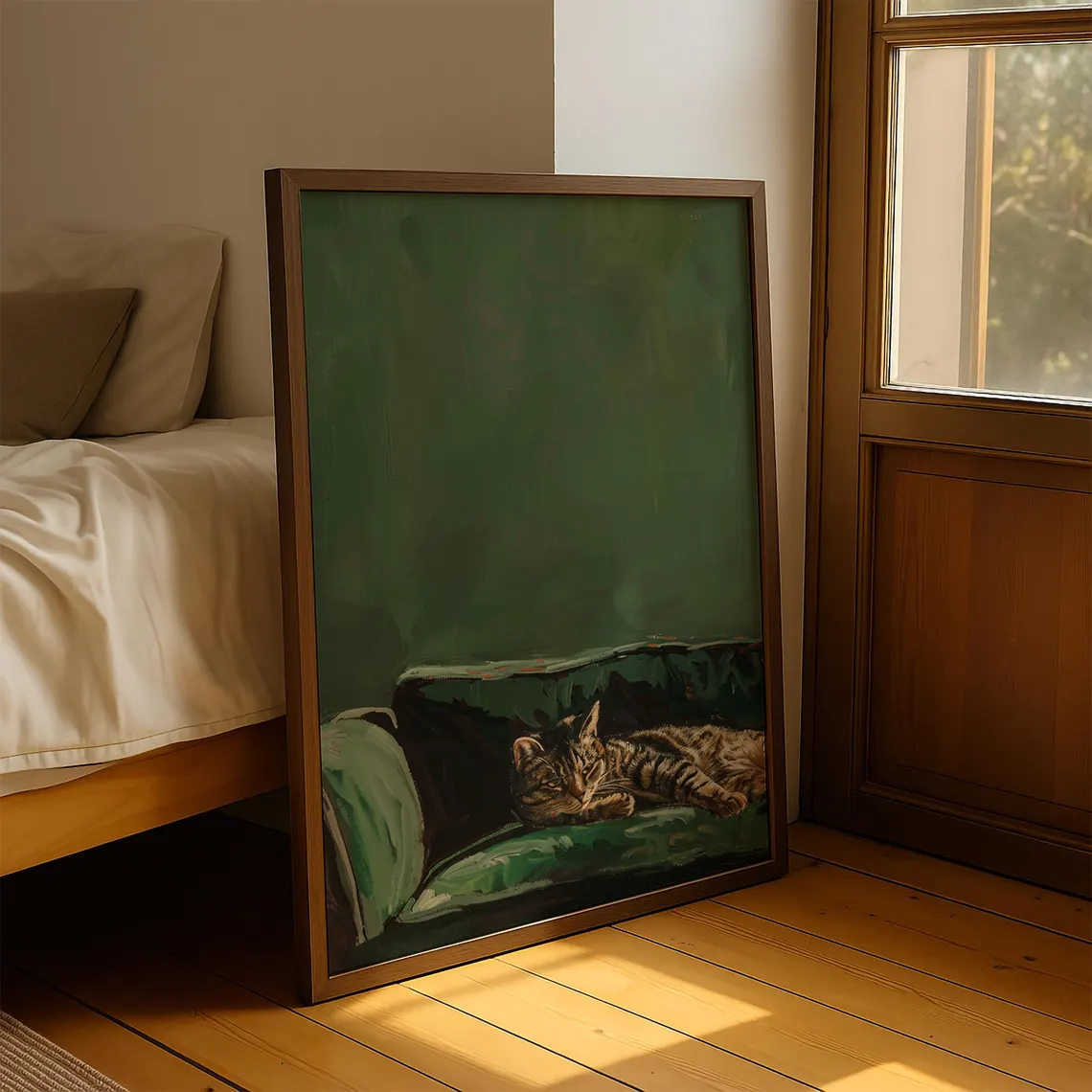 Sleepy Tabby Cat Art Print: Gr - مراجعة Home Decor Green وسعره